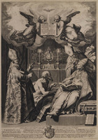 TvB G 0249
<br/>
De vier Kerkvaders Gregorius, Ambrosius, Augustinus en Hieronymus schrijven over de Heilige Eucharistie
<br/>
<em>Bloemaert, Cornelis (1603-1692)</em>